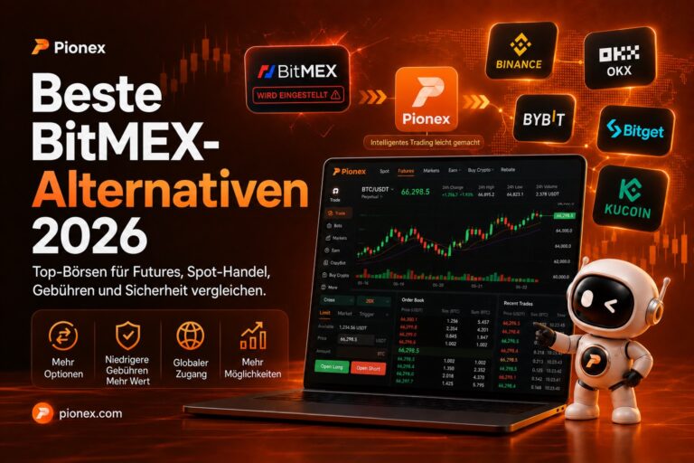 Vergleichsgrafik mit Pionex sowie BitMEX, Binance, OKX, Bybit, Bitget und KuCoin.