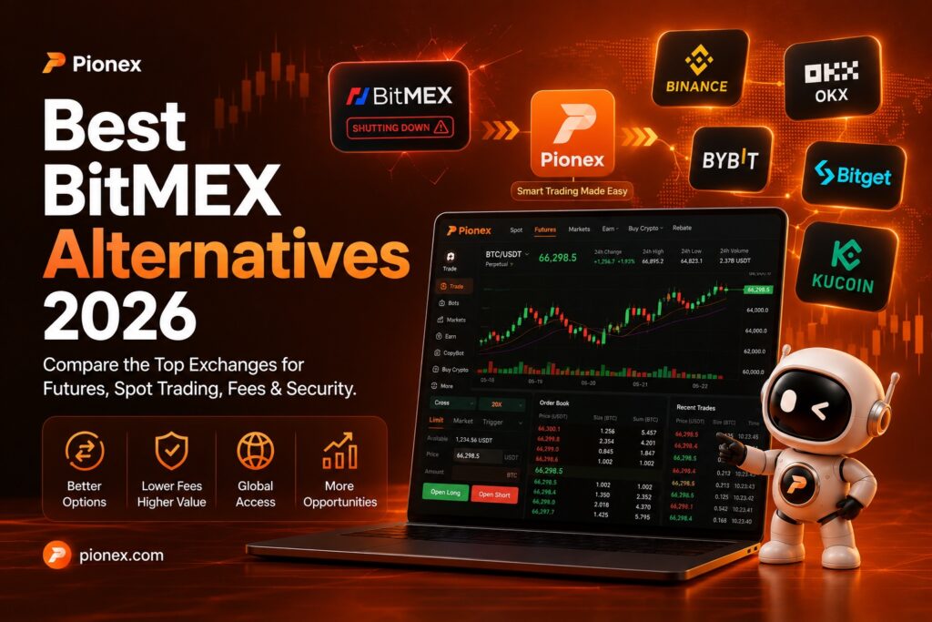 Comparison graphic showing Pionex alongside BitMEX, Binance, OKX, Bybit, Bitget, and KuCoin.