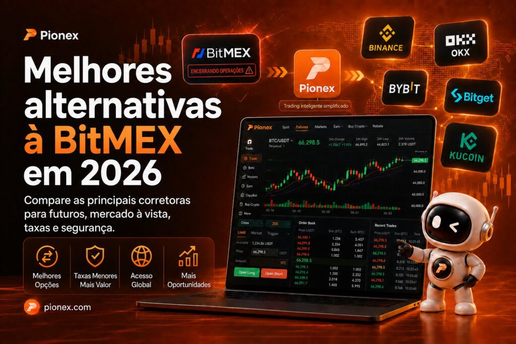 Gráfico comparativo mostrando a Pionex ao lado de BitMEX, Binance, OKX, Bybit, Bitget e KuCoin.