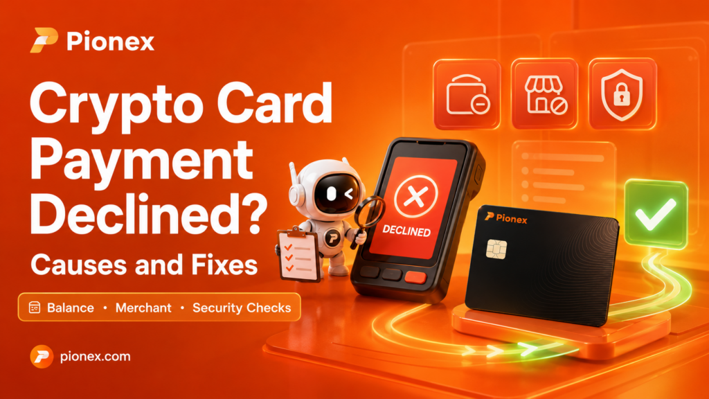 Pionex crypto card payment declined screen with balance, merchant, and security checks