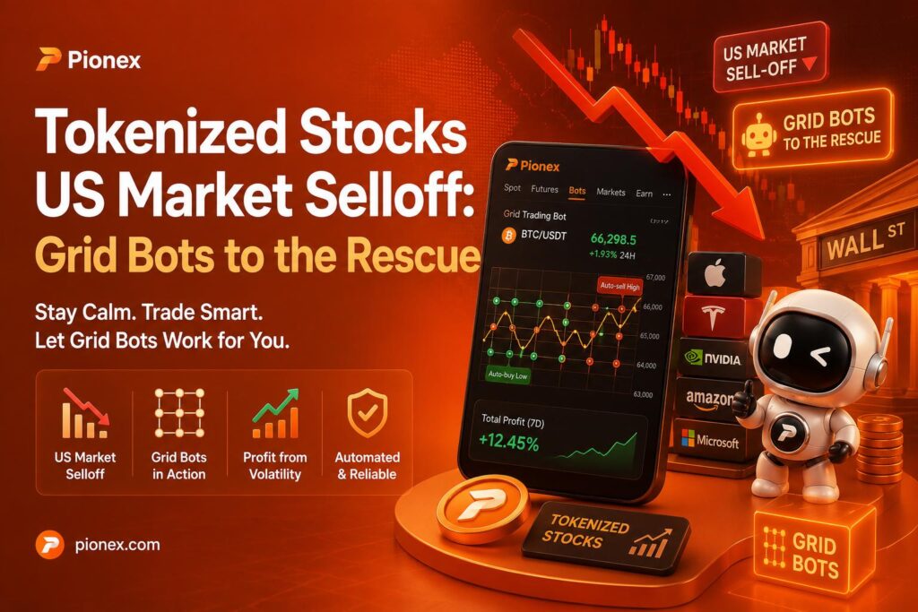 Pionex tokenized stocks graphic showing a US market selloff, Grid Bot trading screen, and trading bot illustration.