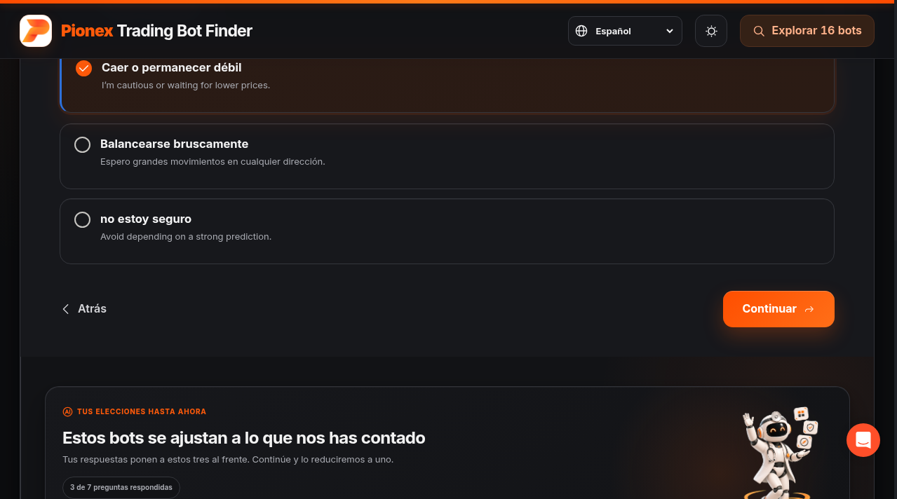 Resultado del Buscador de Bots de Pionex recomendando el Bot DCA
