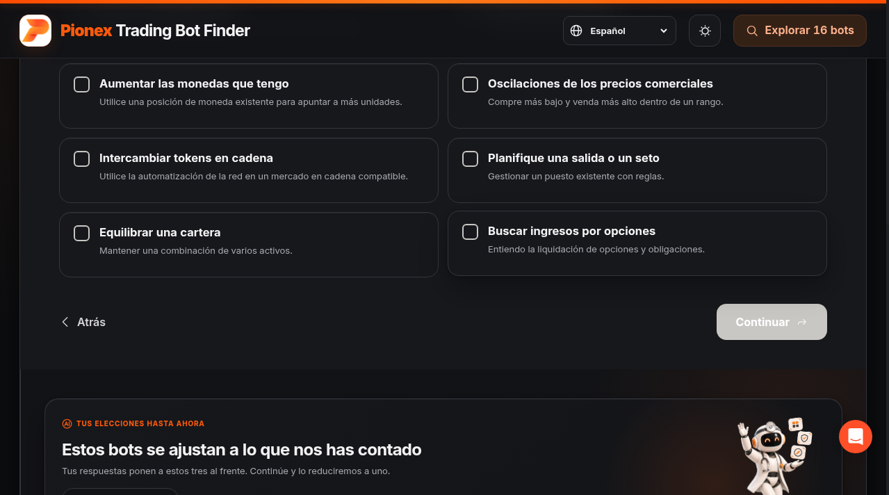 Opciones de objetivo del Buscador de Bots de Pionex para oscilaciones de precio y compra escalonada