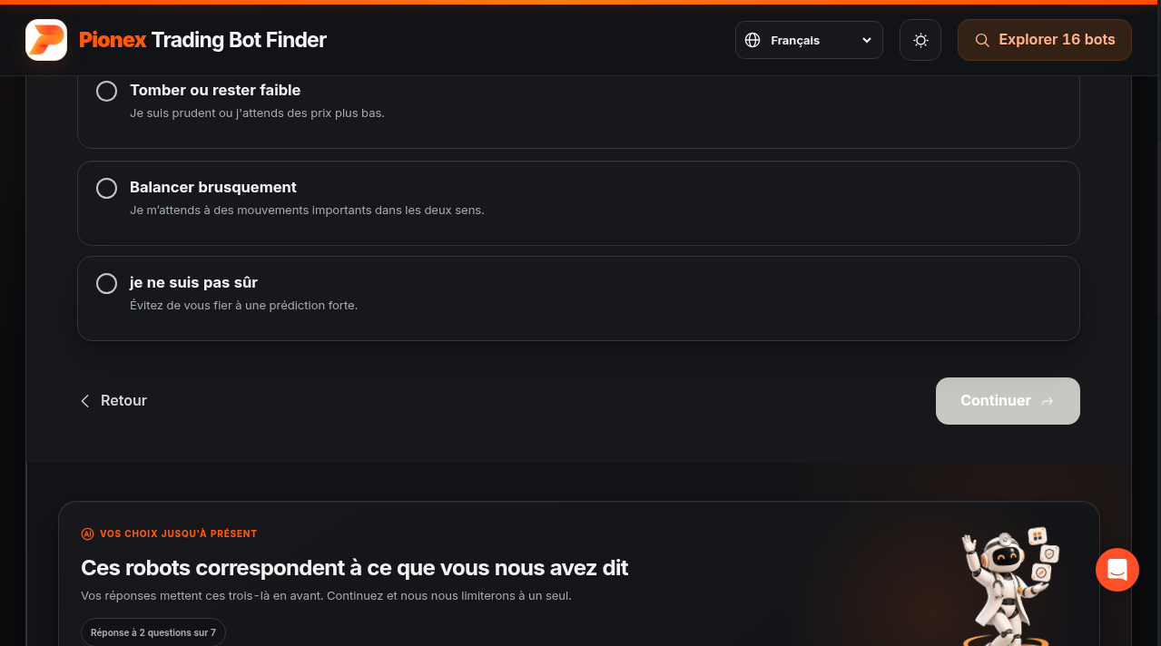 Résultat du Pionex Trading Bot Finder recommandant le Bot DCA