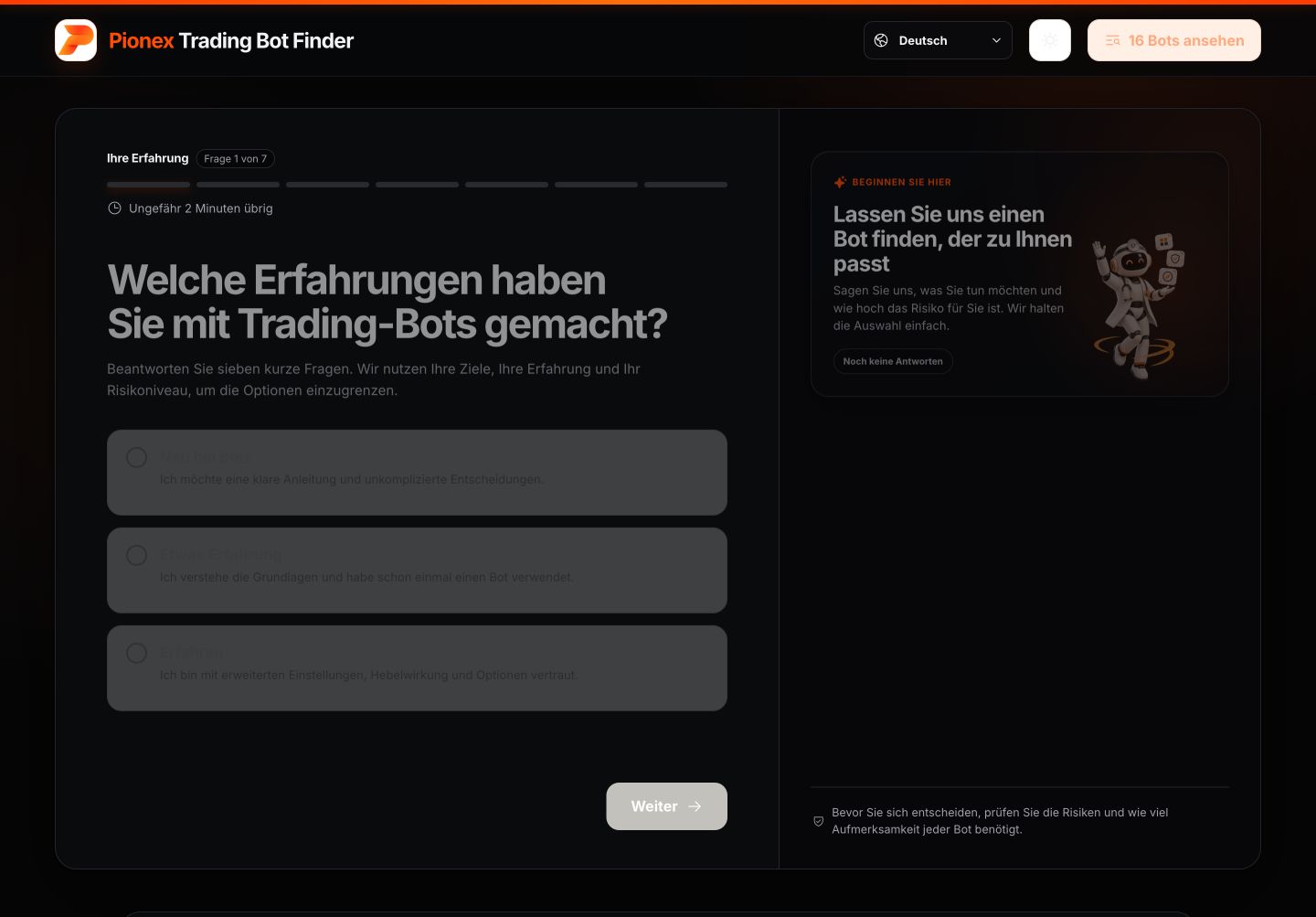 Pionex Trading Bot Finder auf Deutsch zur Auswahl der Erfahrung