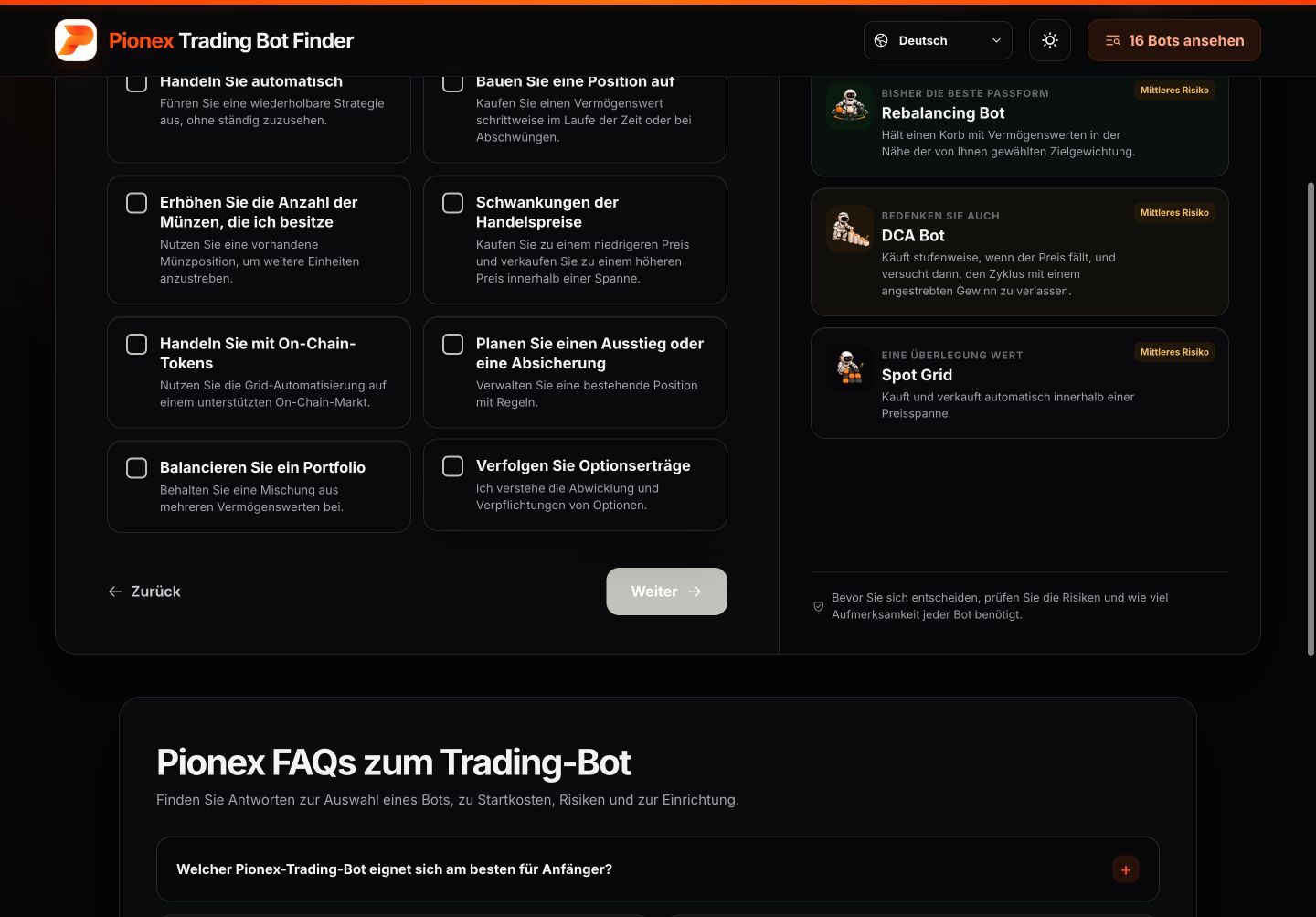 Pionex Trading Bot Finder auf Deutsch zur Auswahl der Ziele