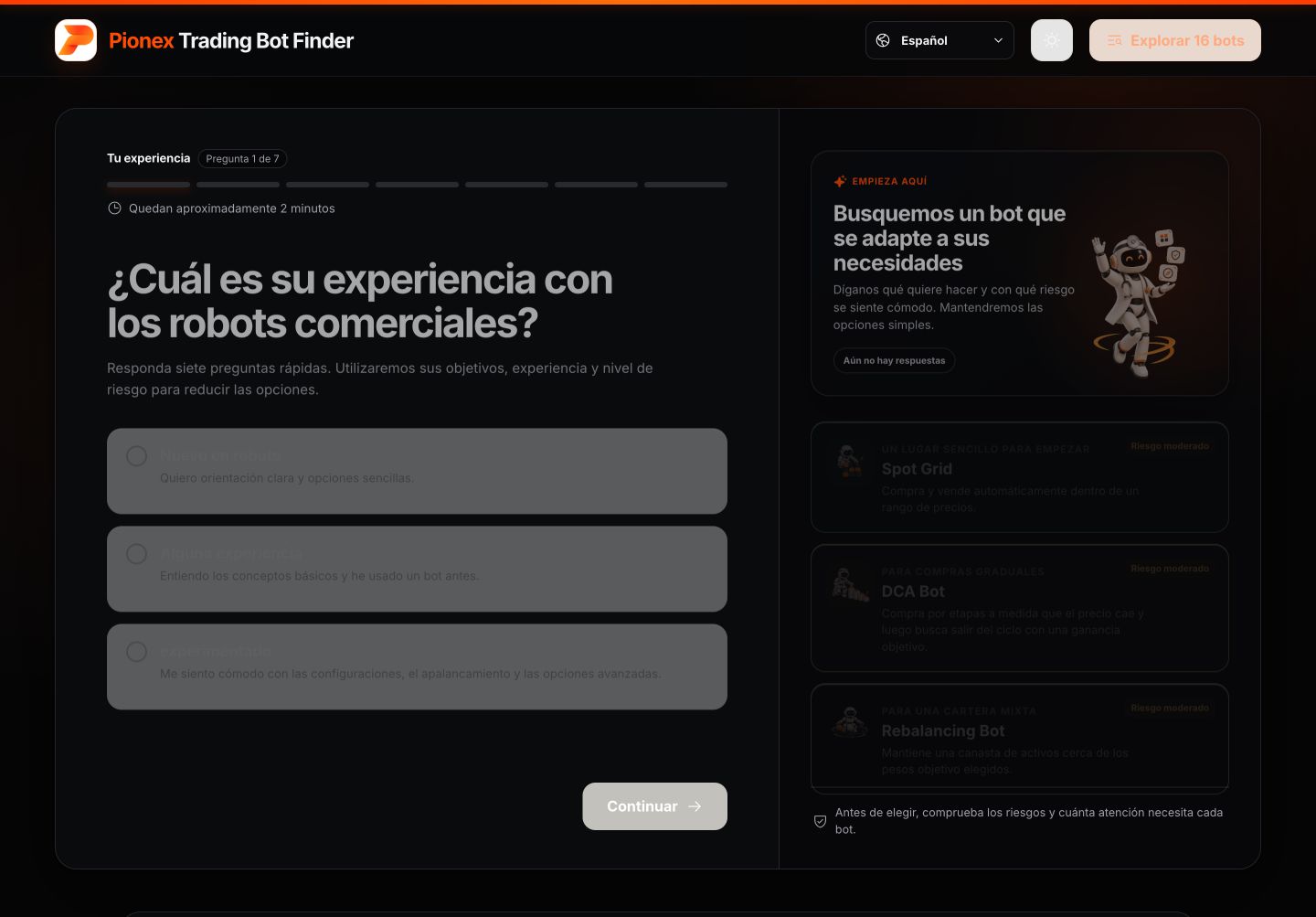 Pionex Trading Bot Finder en español para elegir la experiencia con bots