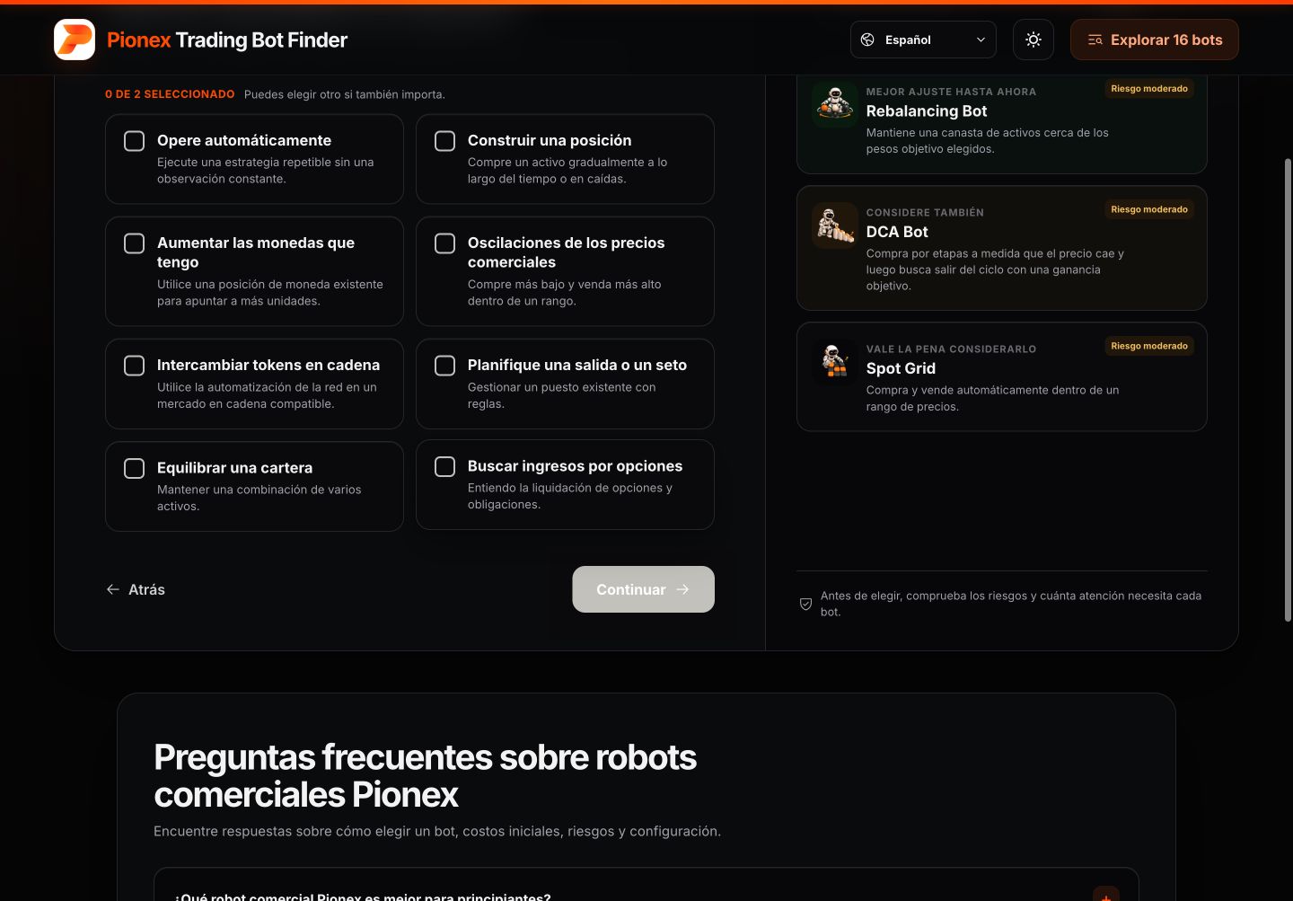 Pionex Trading Bot Finder en español para elegir objetivos