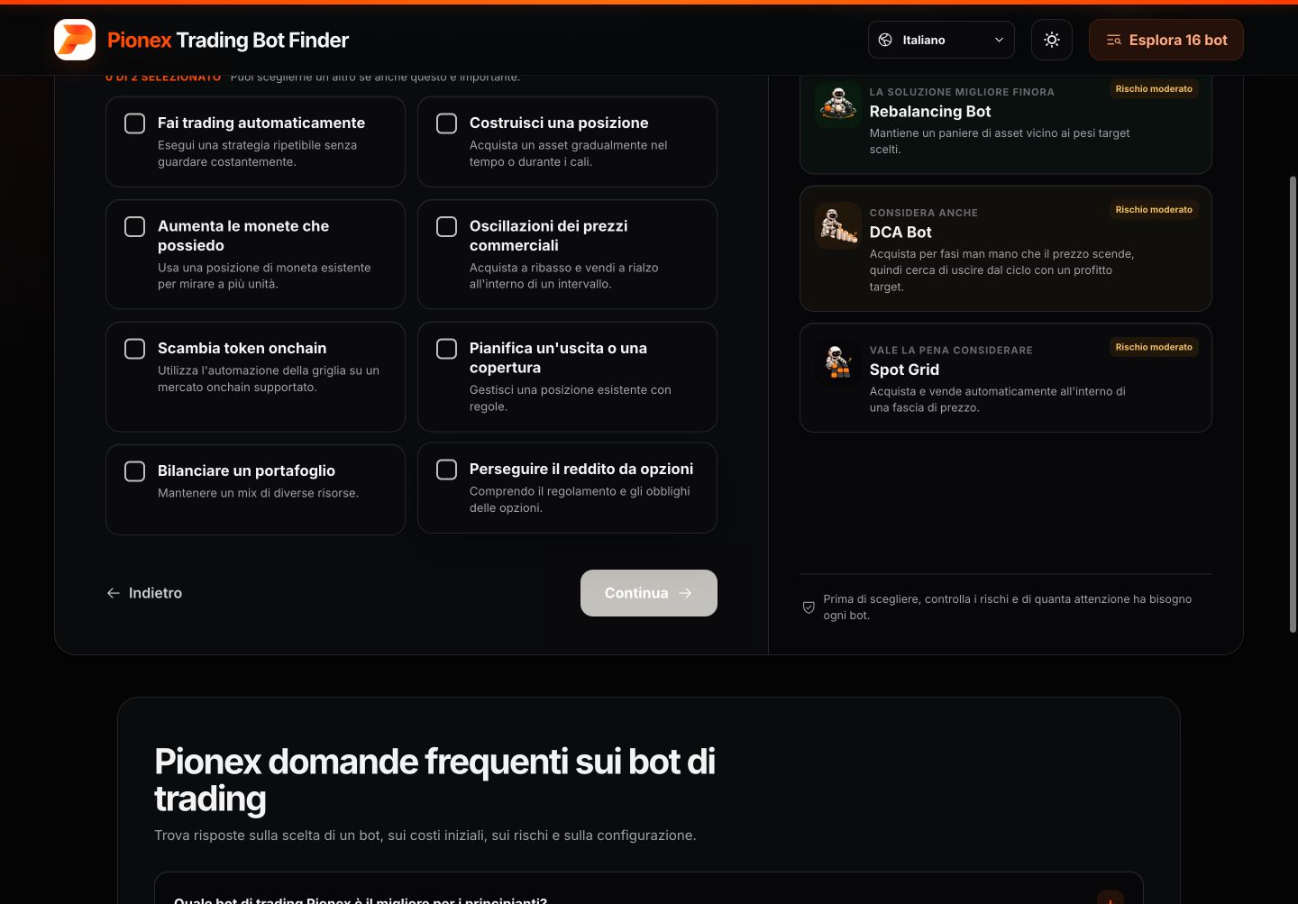 Pionex Trading Bot Finder in italiano per scegliere gli obiettivi
