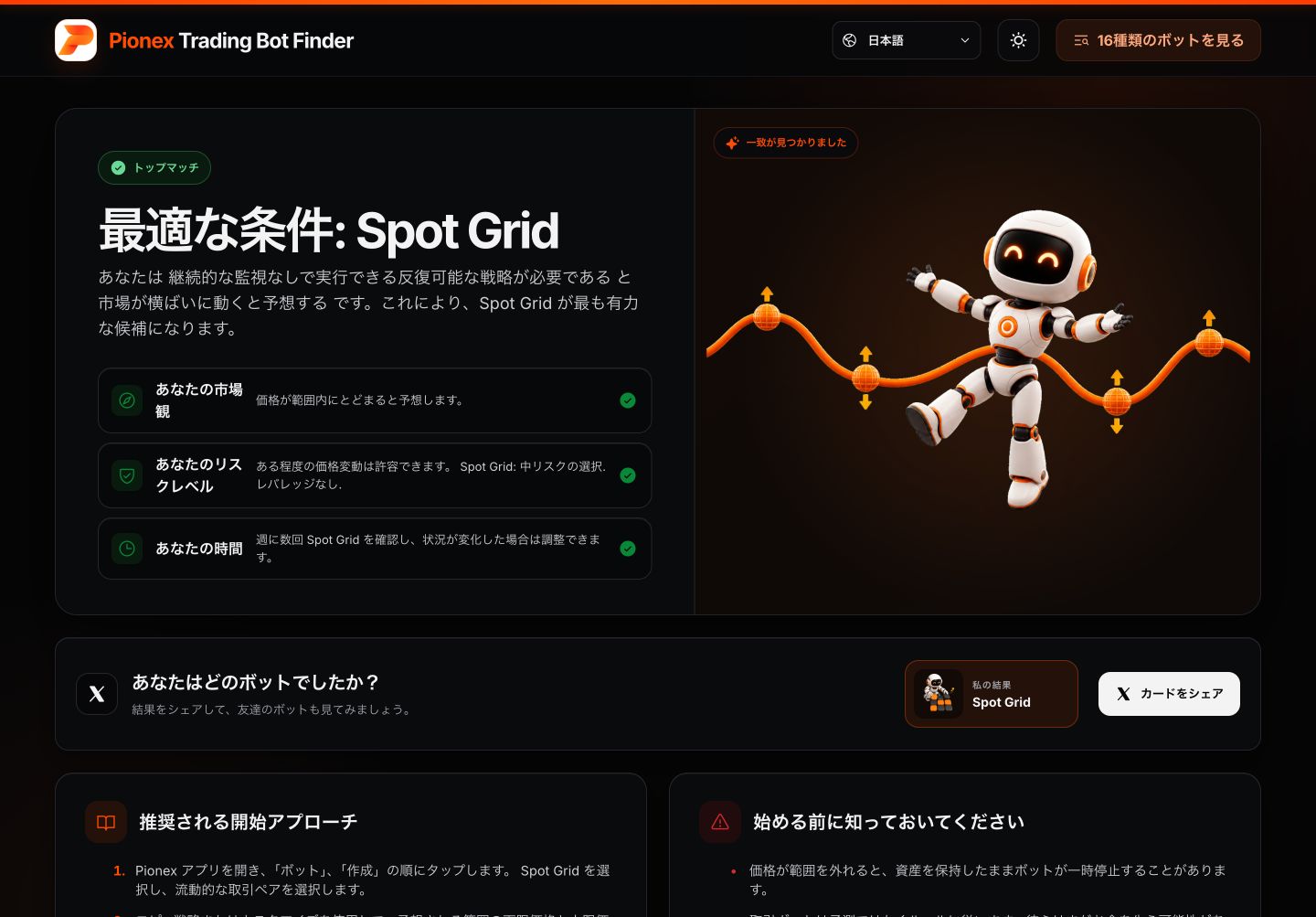 Pionex Trading Bot Finderの日本語版でSpot Gridが最適候補として表示された結果画面