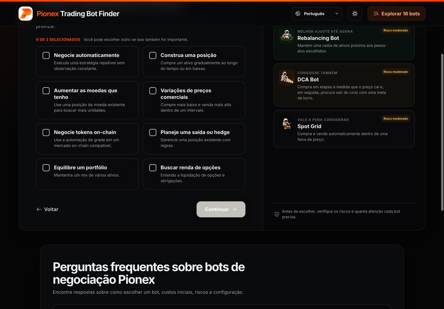 Pionex Trading Bot Finder em português para escolher objetivos
