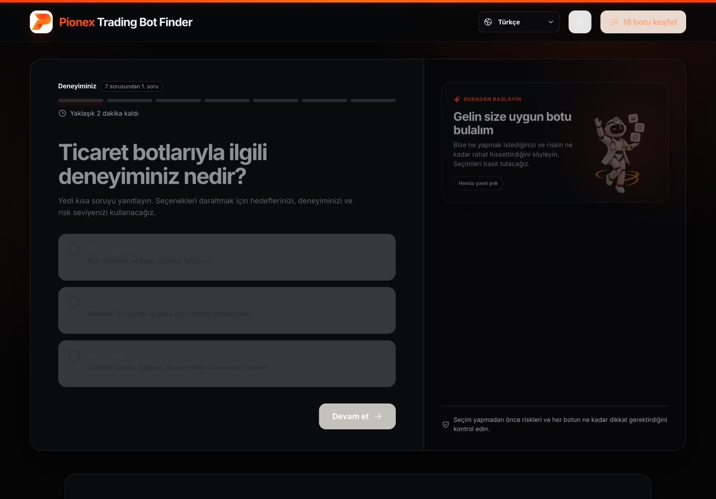 Türkçe Pionex Trading Bot Finder deneyim seçme ekranı