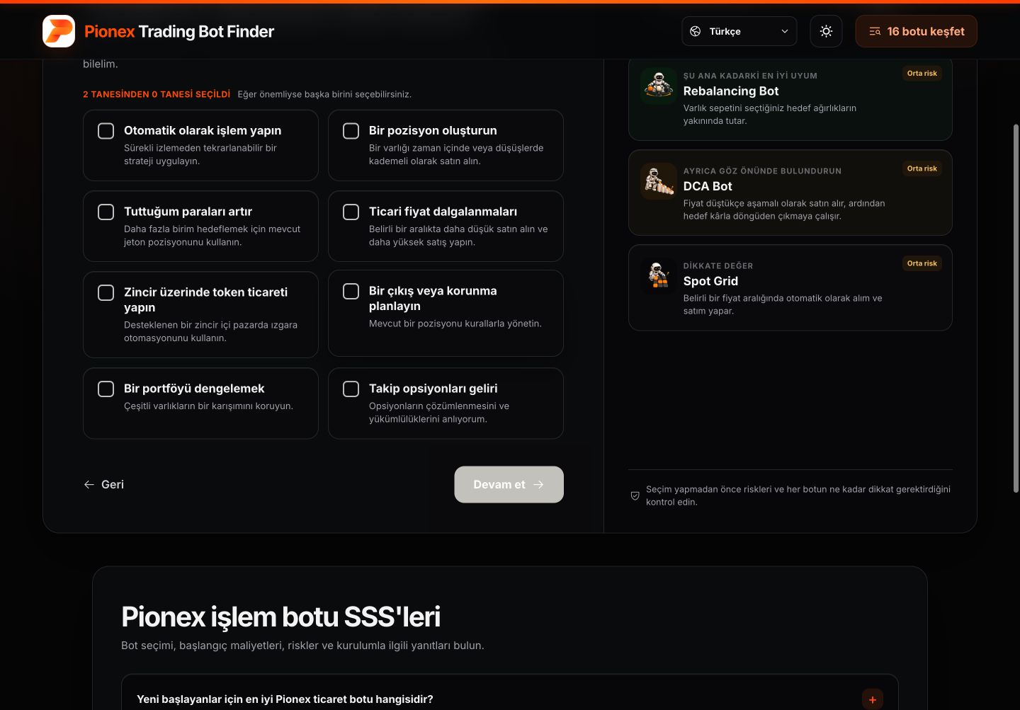 Türkçe Pionex Trading Bot Finder hedef seçme ekranı
