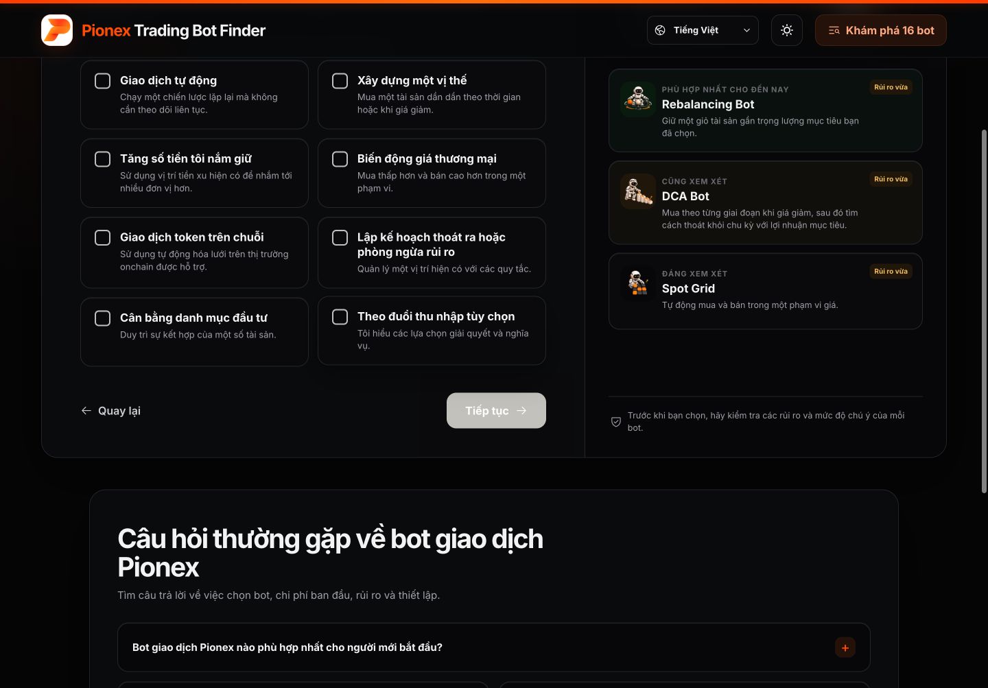 Pionex Trading Bot Finder tiếng Việt chọn mục tiêu