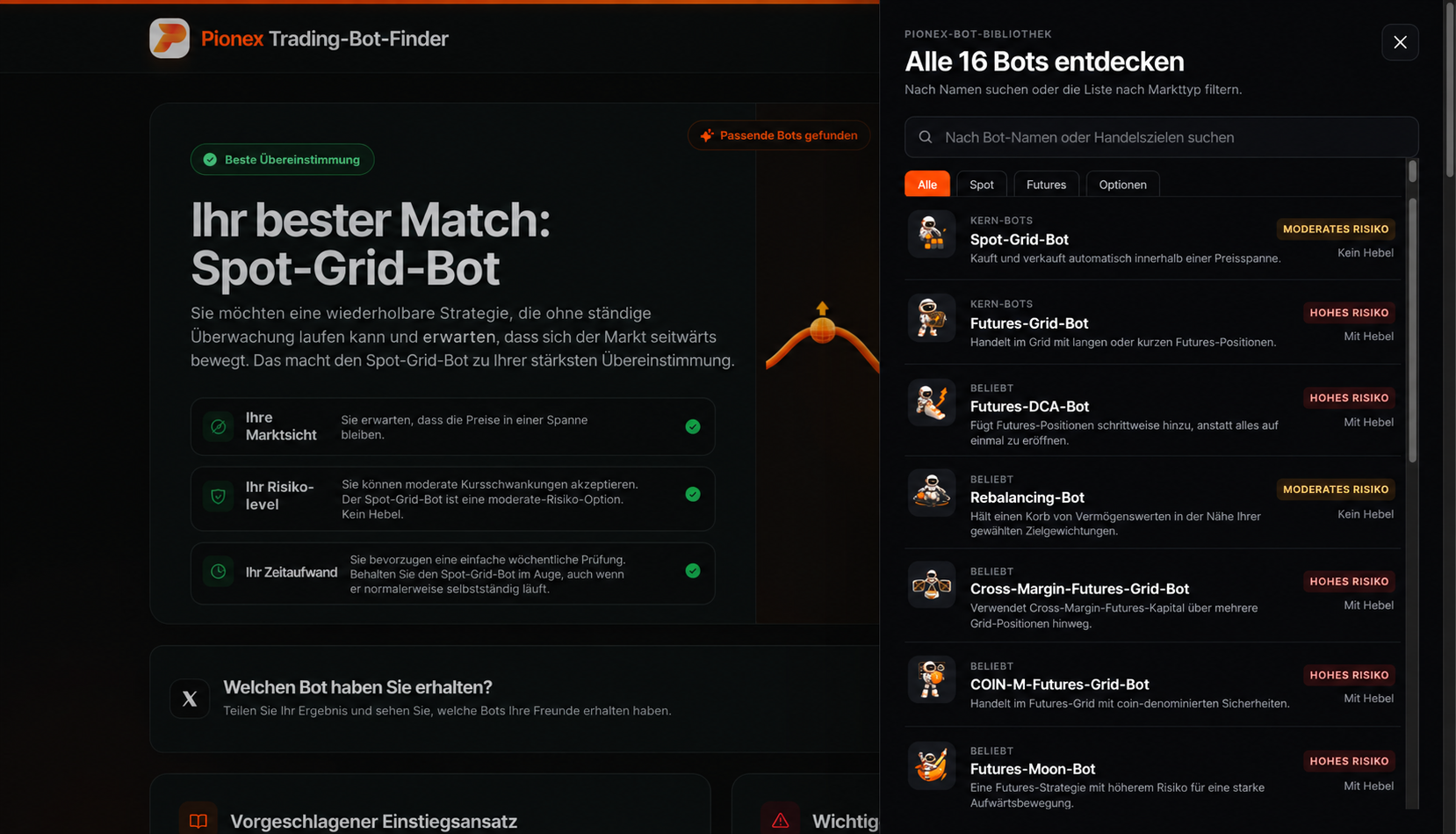Der Pionex Trading Bot Finder vergleicht Spot-Bots und gehebelte Bots.
