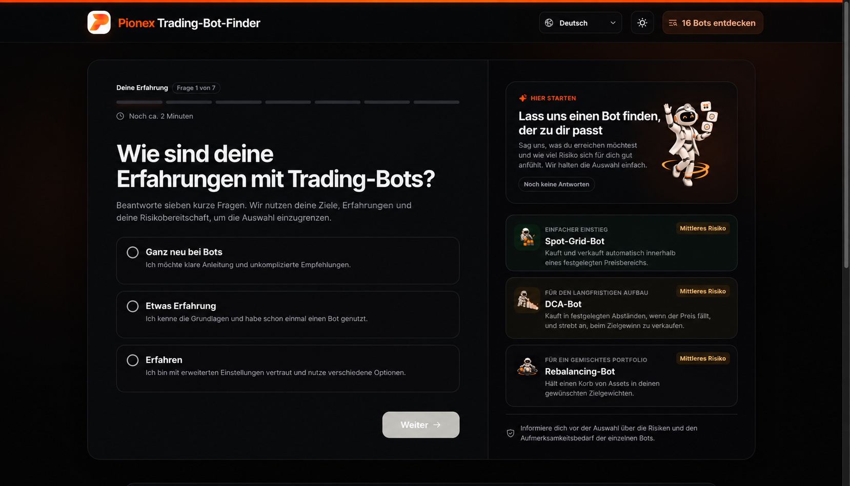 Der Pionex Trading Bot Finder fragt nach der Erfahrung mit Trading-Bots.