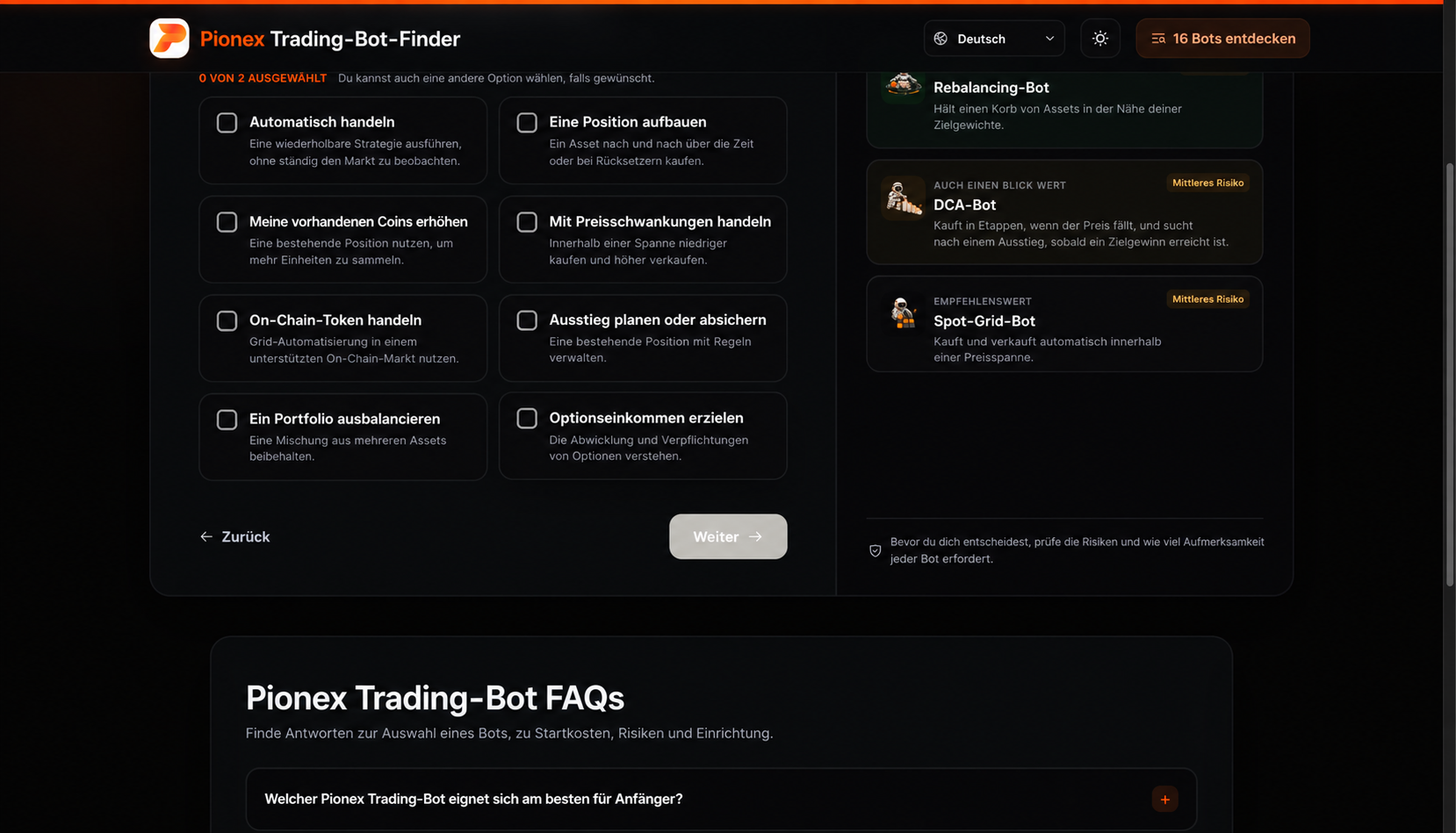 Der Pionex Trading Bot Finder fragt, welche Aufgabe der Bot übernehmen soll.