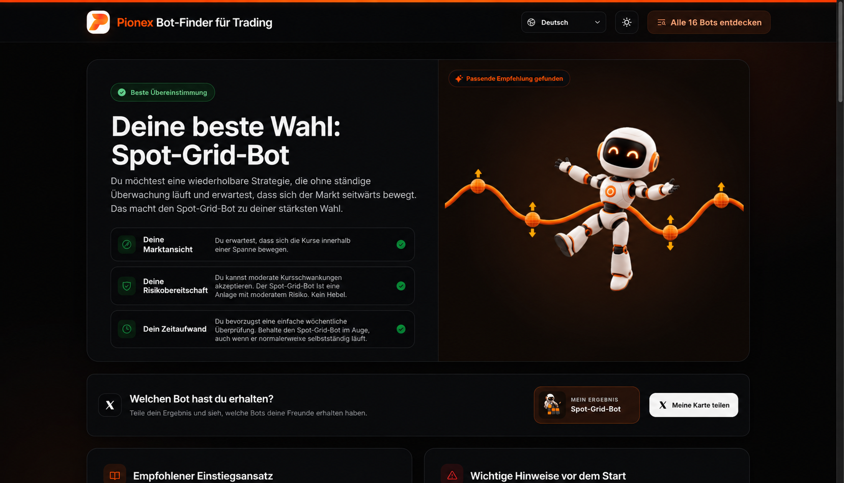 Der Pionex Trading Bot Finder empfiehlt den Spot-Grid-Bot.