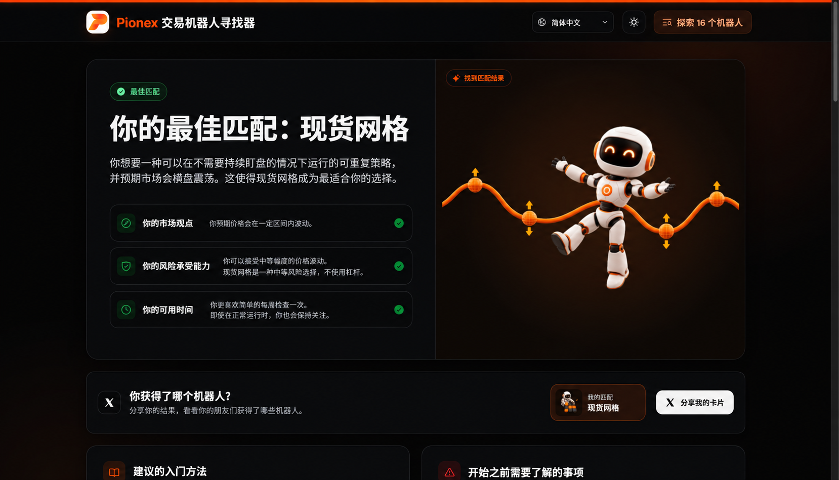 Pionex 交易机器人查找器推荐现货网格。