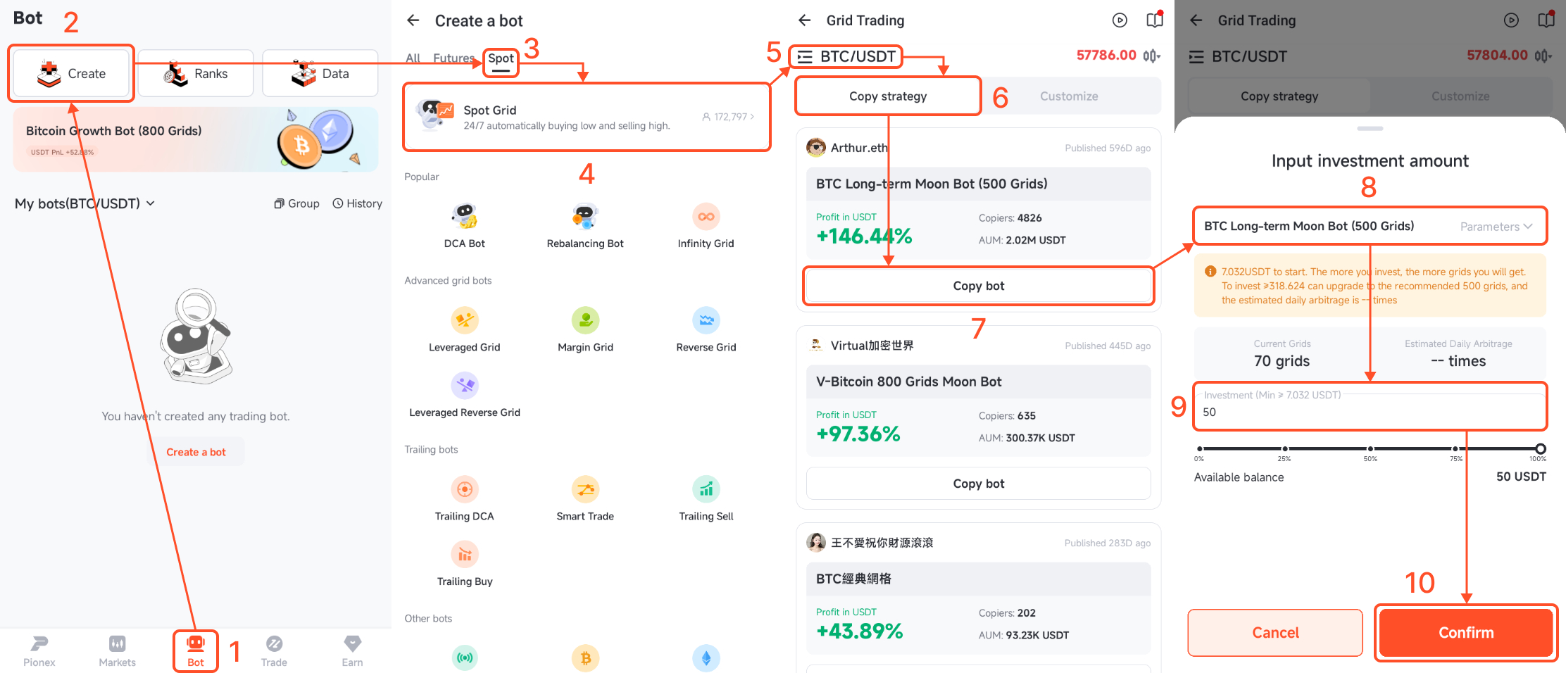Pionex шаги приложения для открытия Spot Grid, выбор стратегии и ввод суммы инвестиций