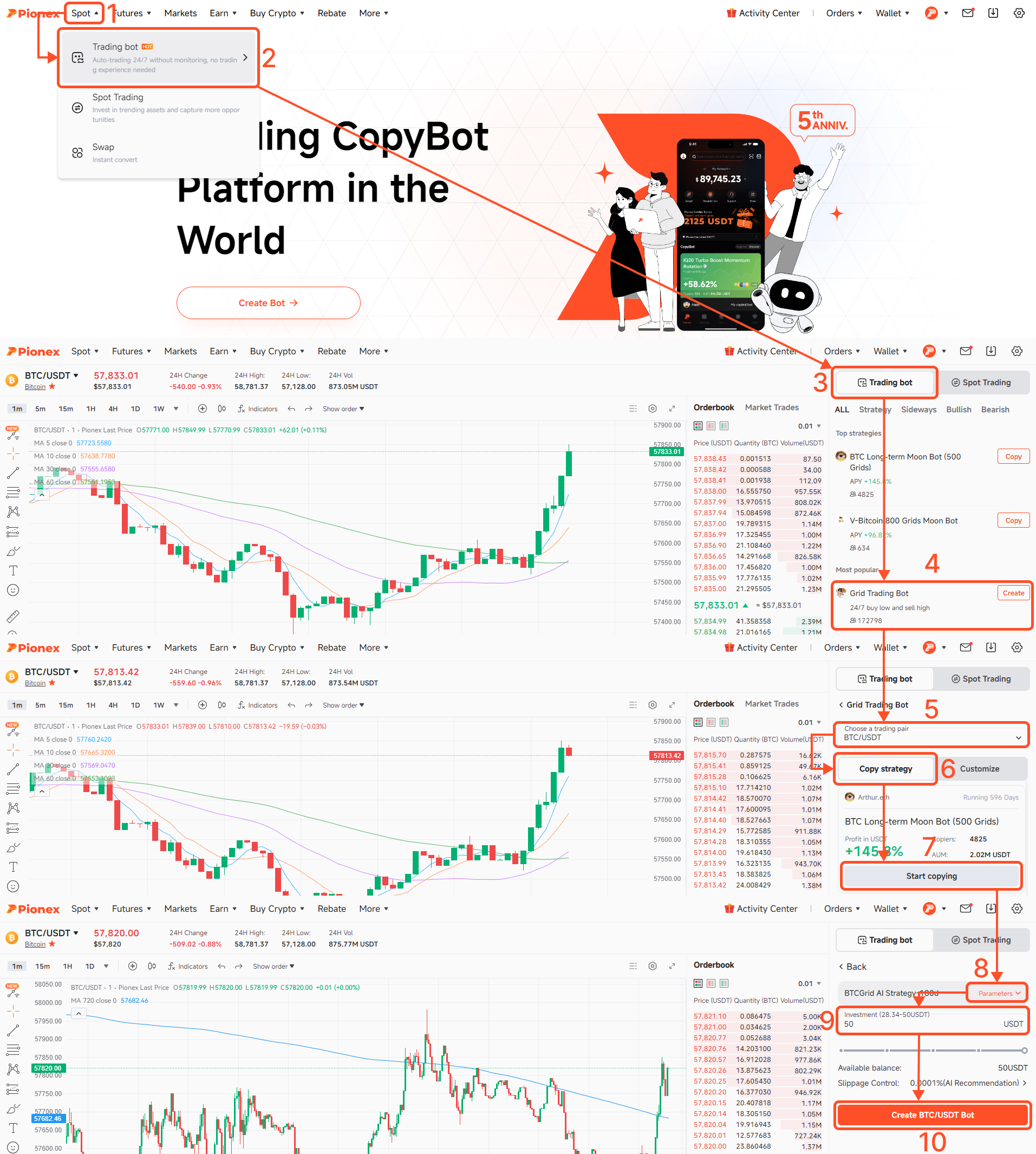 Pionex веб-шаги по открытию Grid Trading Bot, выбору пары и просмотру настроек инвестирования