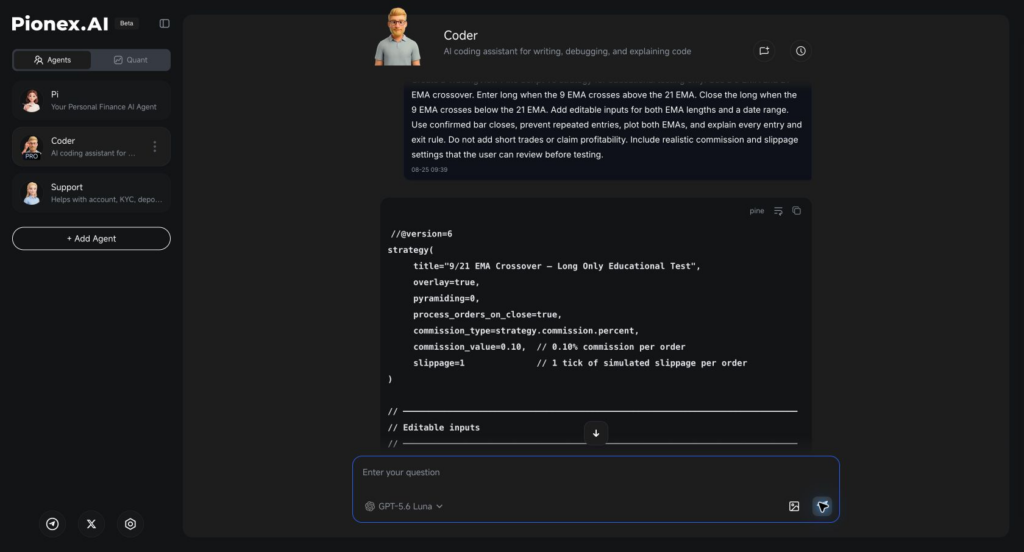 Pionex.AI Coder genereert een Pine Script v6 EMA crossover-strategie