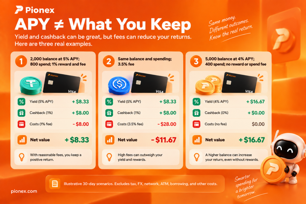 Three examples showing how APY, cashback and card fees affect net value.