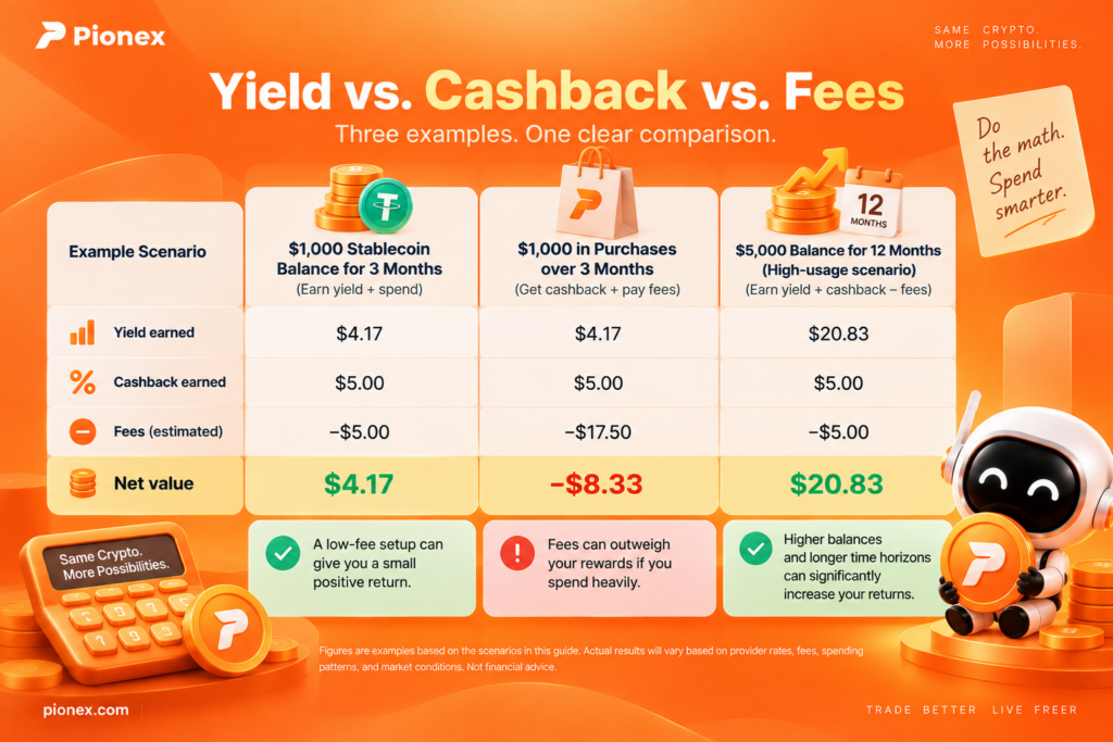 Yield, cashback, and fees comparison for three crypto card scenarios