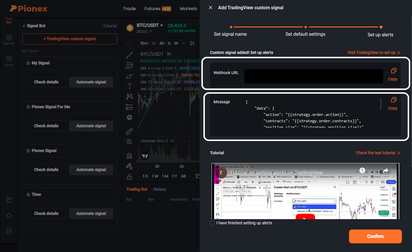 Pionex alert setup showing the Webhook URL and Message fields, with the private address redacted.