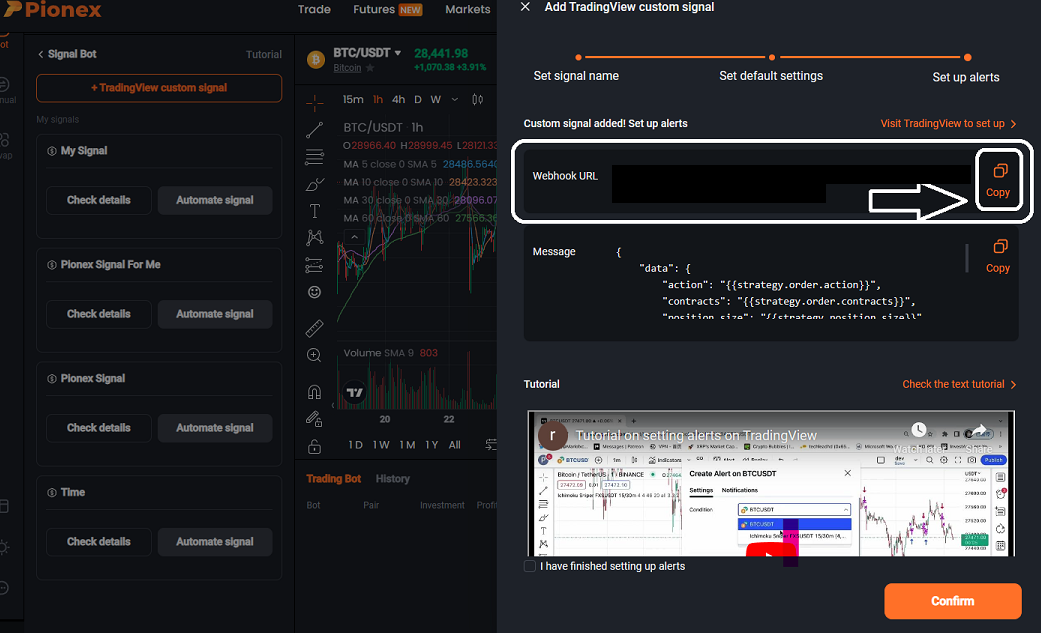 Pionex alert setup with the Webhook URL Copy button highlighted and the private address redacted.