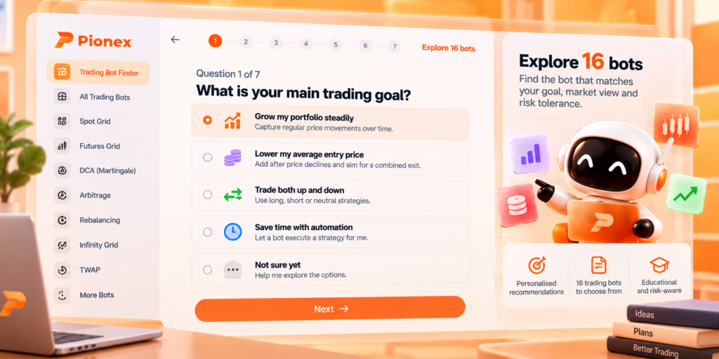 Pionex Trading Bot Finder 顯示 7 個問題中的第 1 題與 16 種機器人