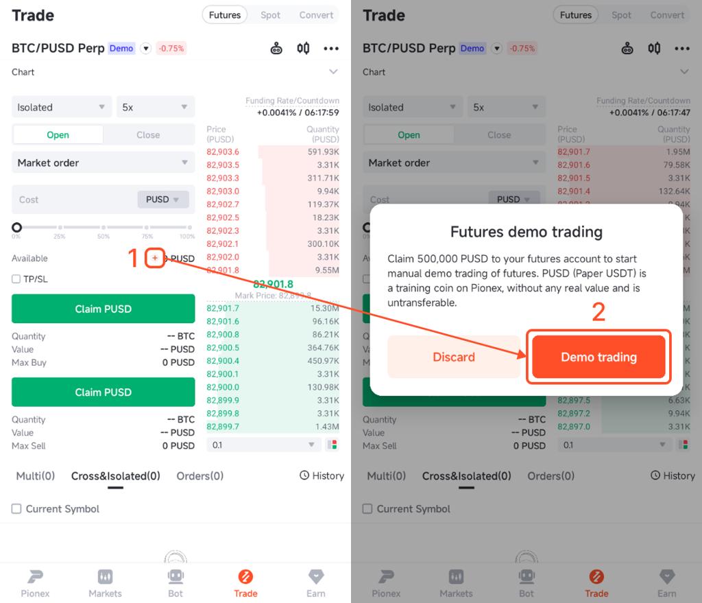 Pionex Futures Demo screen showing how to claim 500,000 PUSD and start demo trading