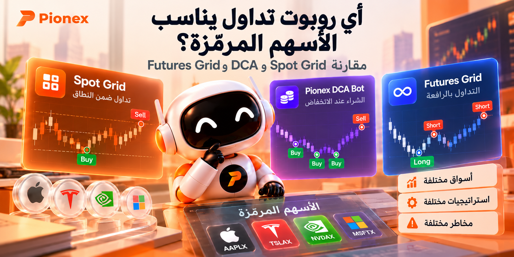 مقارنة روبوتات الأسهم المرمّزة: Spot Grid وPionex DCA وFutures Grid